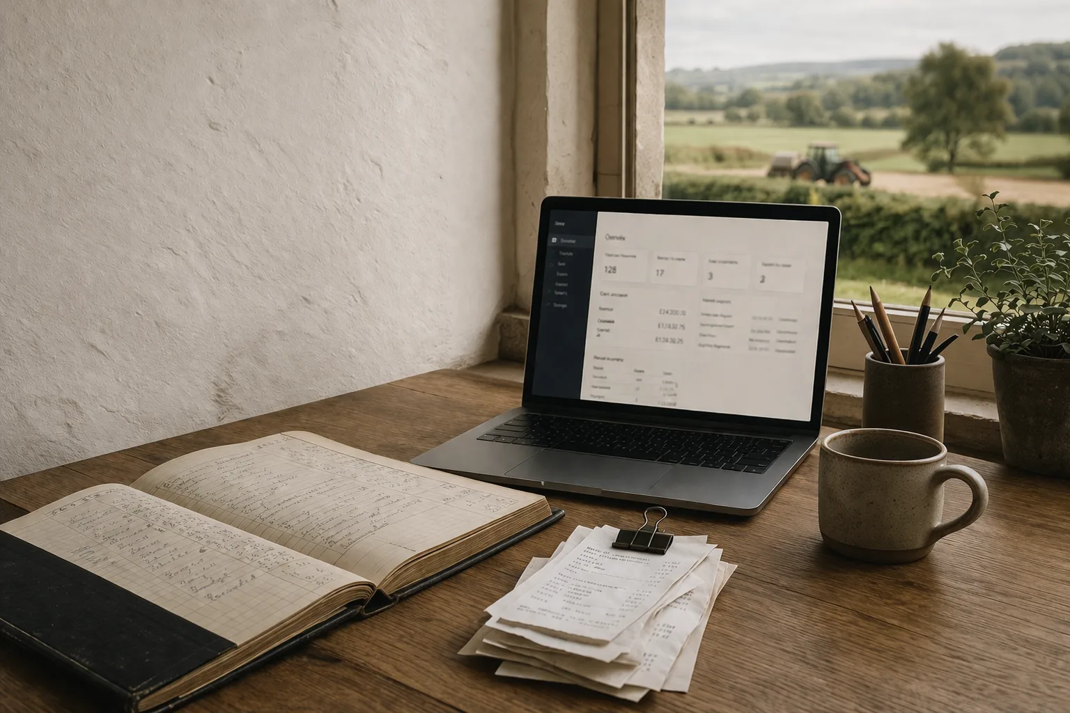 A working accountant's desk by a farmhouse window: an open ledger book, a stack of paper receipts, and a laptop showing the luca dashboard, with countryside visible through the window
